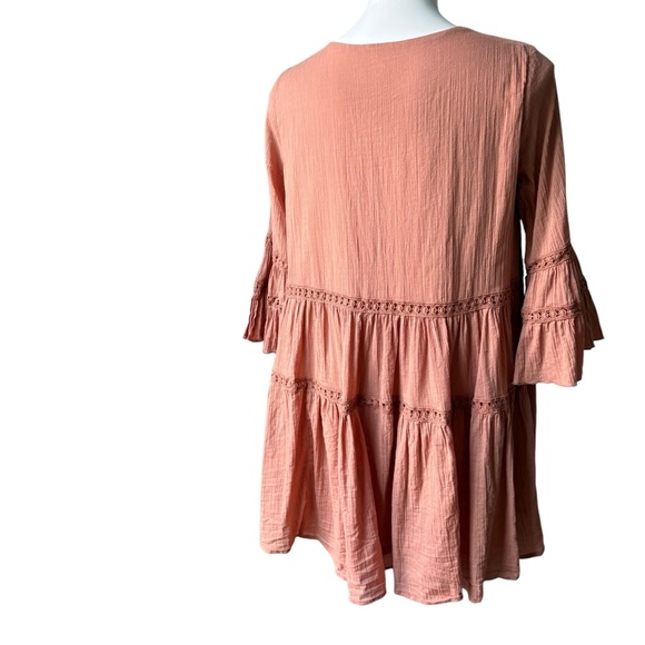 Listicle Boho V-Neck Tiered Bell Sleeve Cotton Mini Dress, Sz M - Picture 6 of 15